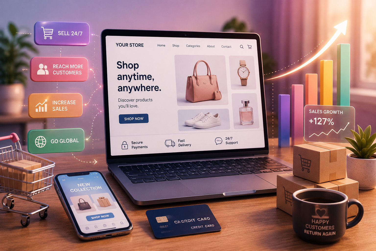 Online shopping helping a business reach more customers and increase sales
